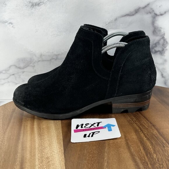 Sorel lolla cut out black suede ankle bootie heeled boots women's size 9.5 - Picture 1 of 9